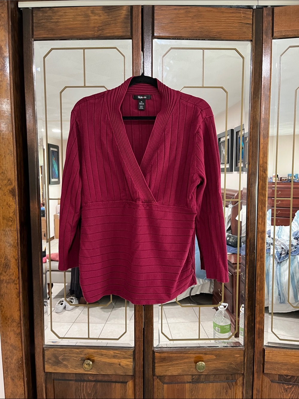 Style & Co. Deep V Ribbed Pullover in Berry